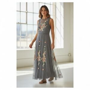 Johnny Was Fairy Whimsical Bohemian Embroidered Mesh Charcoal Floral Maxi Dress.